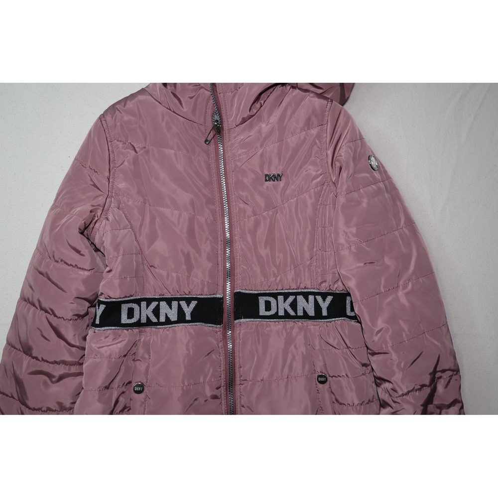 DKNY Women Mauve Pink Puffer Jacket Faux Fur Lined Hooded Logo Waist Coat - Picture 3 of 8